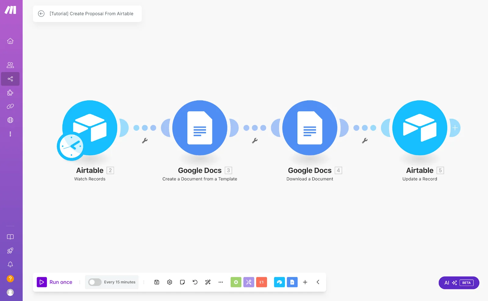Make.com visual drag and drop workflow automation scenario builder