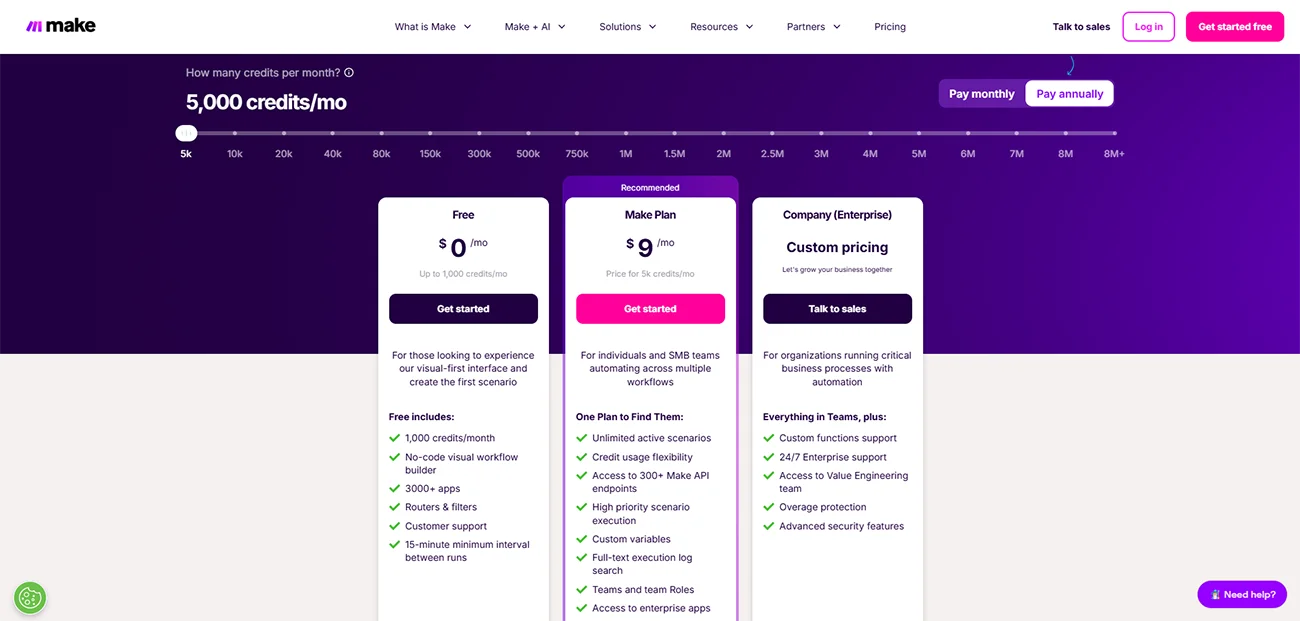 Make.com pricing plans for workflow automation