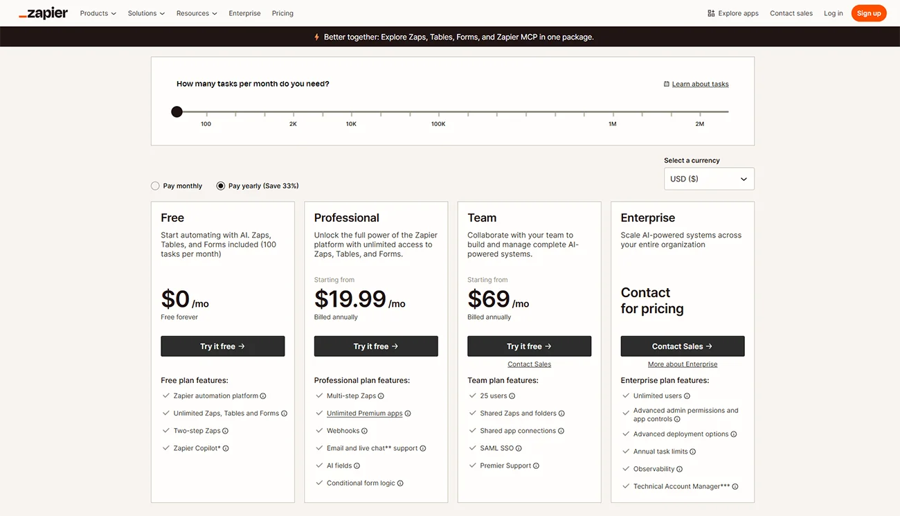 Zapier pricing plans for workflow automation